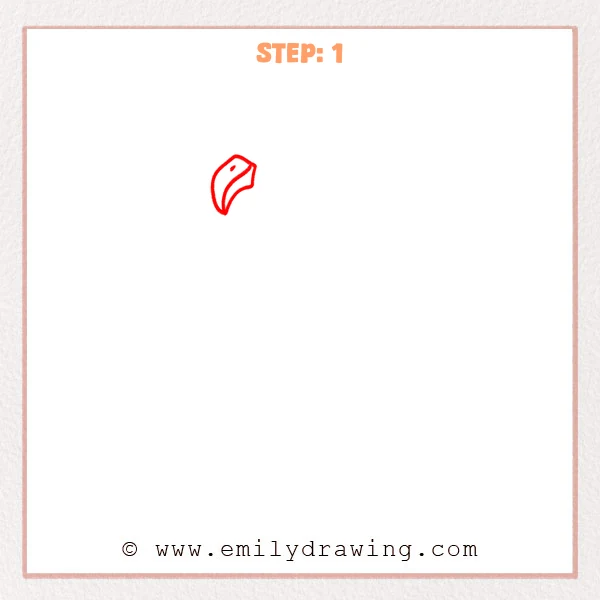 how to draw a cartoon flamingo - Step 1 shows the first sketch of a cartoon flamingo beak with an inner beak line and a small eye dot added.
